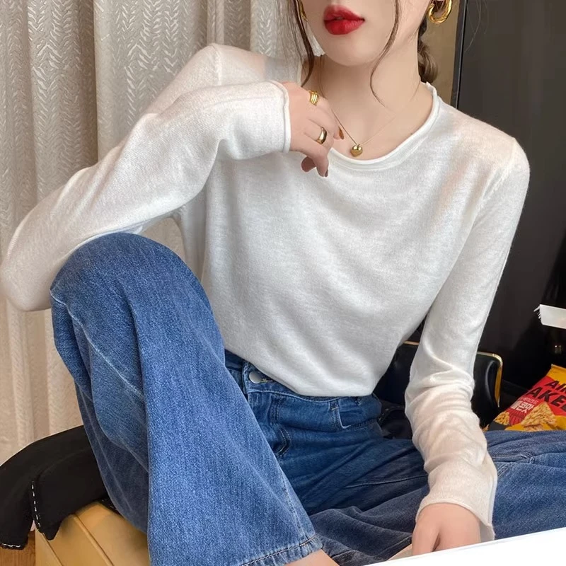 针织衫女早秋新款2025年爆款薄款毛衣内搭西装白色打底衫长袖上衣