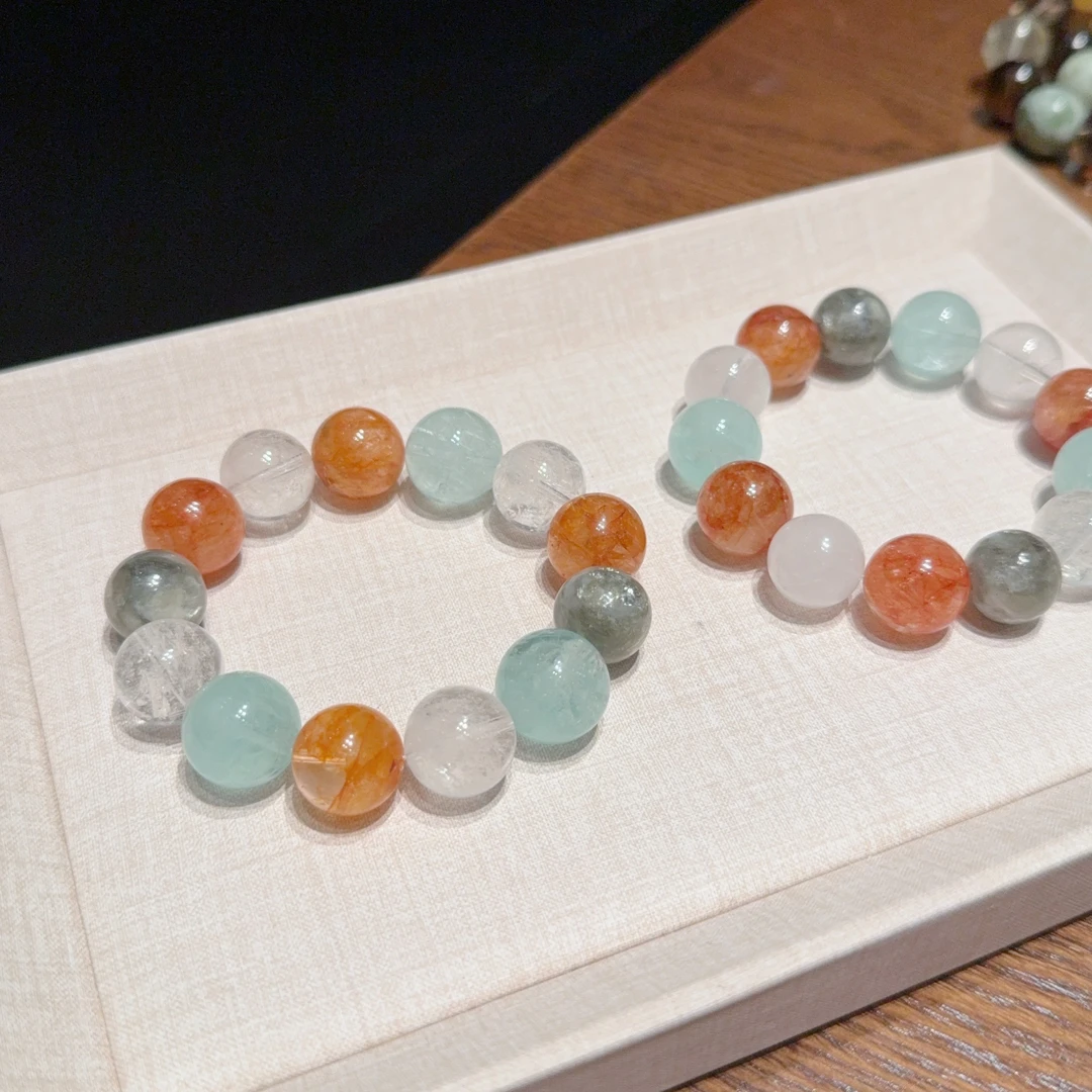 【豆蔻】原创设计萤石橙胶花绿祖母白幽灵手串