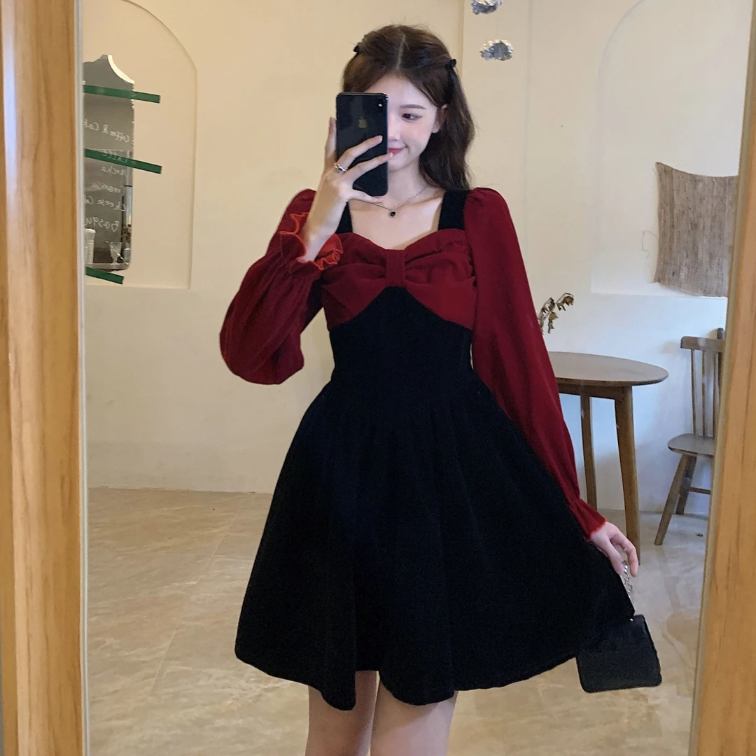 大码女装假两件连衣裙秋冬胖mm显瘦收腰复古法式新年红色裙子