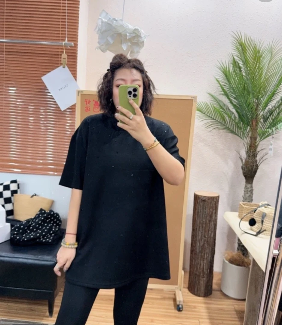 【红人上新】百搭大版圆领时尚休闲小方钻满天星#84128欧版短袖