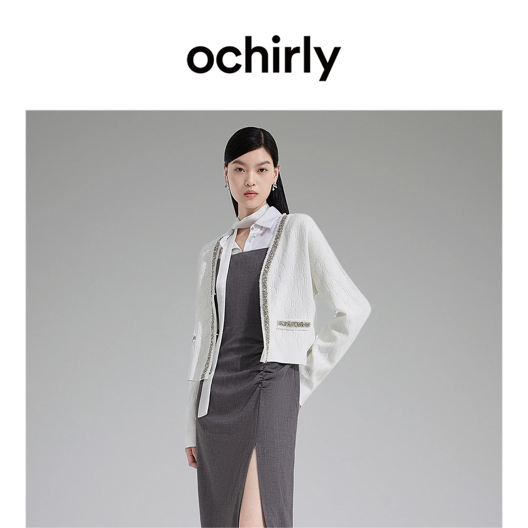 ochirly欧时力 手工钉珠小香风针织外套女 秋装V领提花