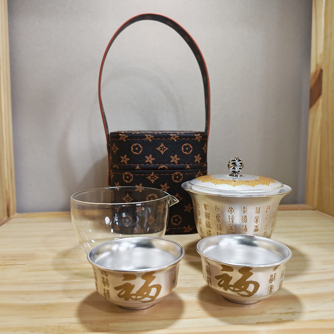 百福鎏银瓷包银旅行茶具一壶 2 杯