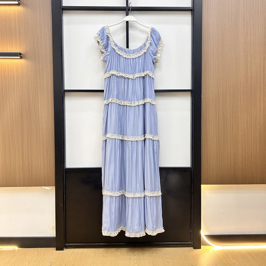 周美美  戏剧古典文艺复古大U领多层次蕾丝花边连衣裙