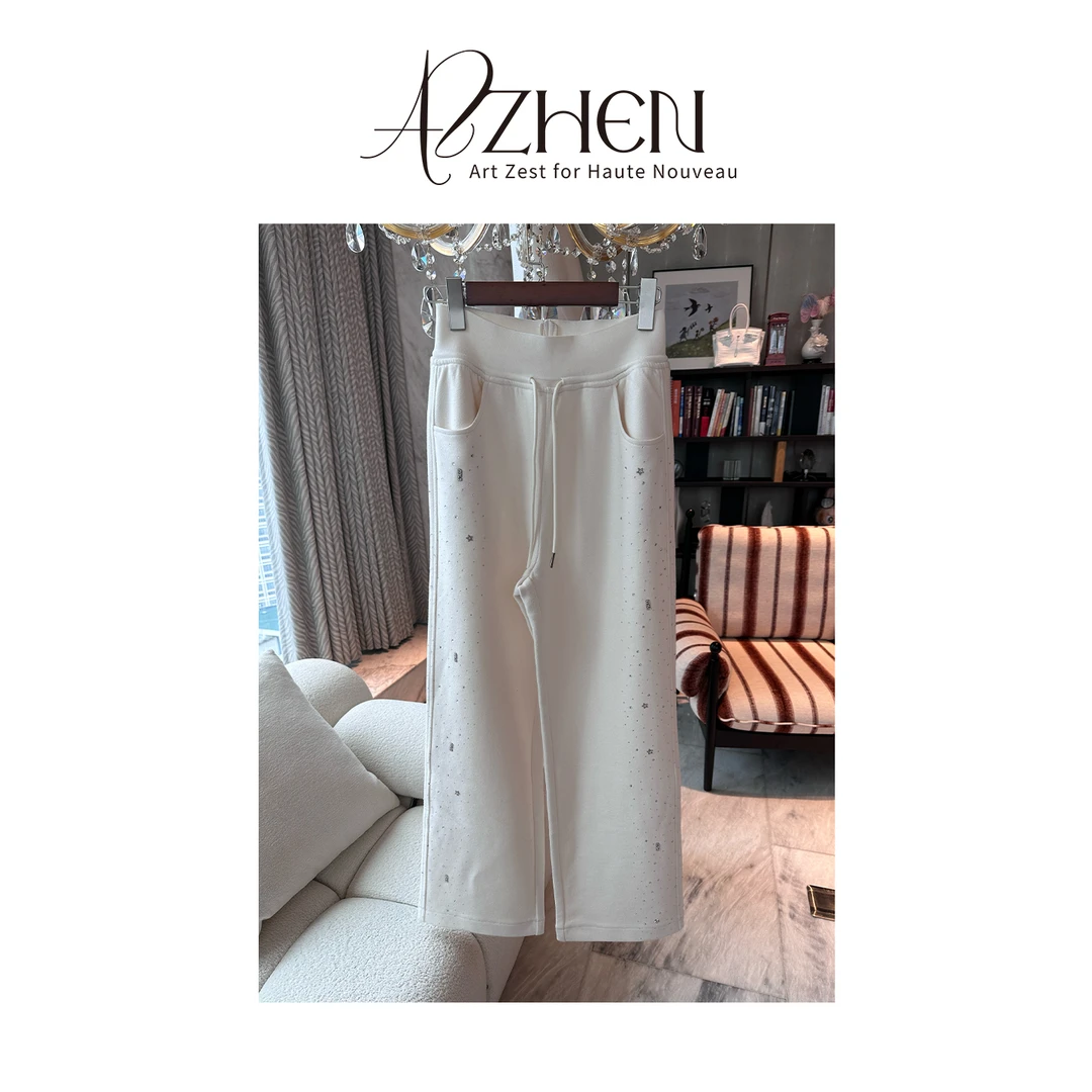 AZZHEN【舒芙特休】满天星烫钻高腰直筒裤阔腿裤长裤休闲裤