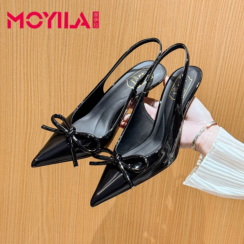 摩伊拉黑色蝴蝶结高跟鞋气质细跟百搭小众时尚法式轻奢尖头漆皮