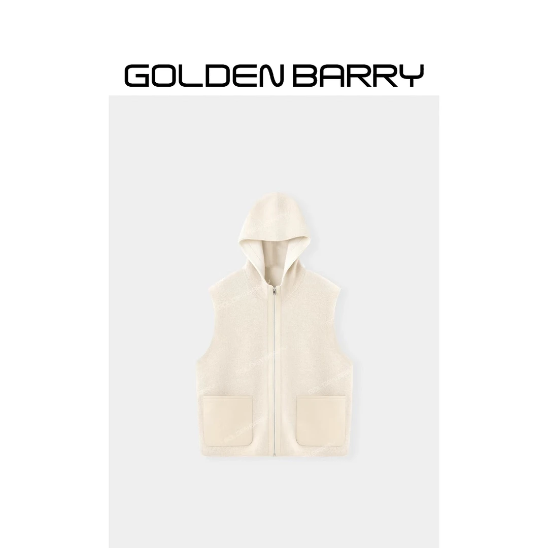 GOLDENBARRY|232145“游牧诗人”连帽拼皮口袋羊绒马甲
