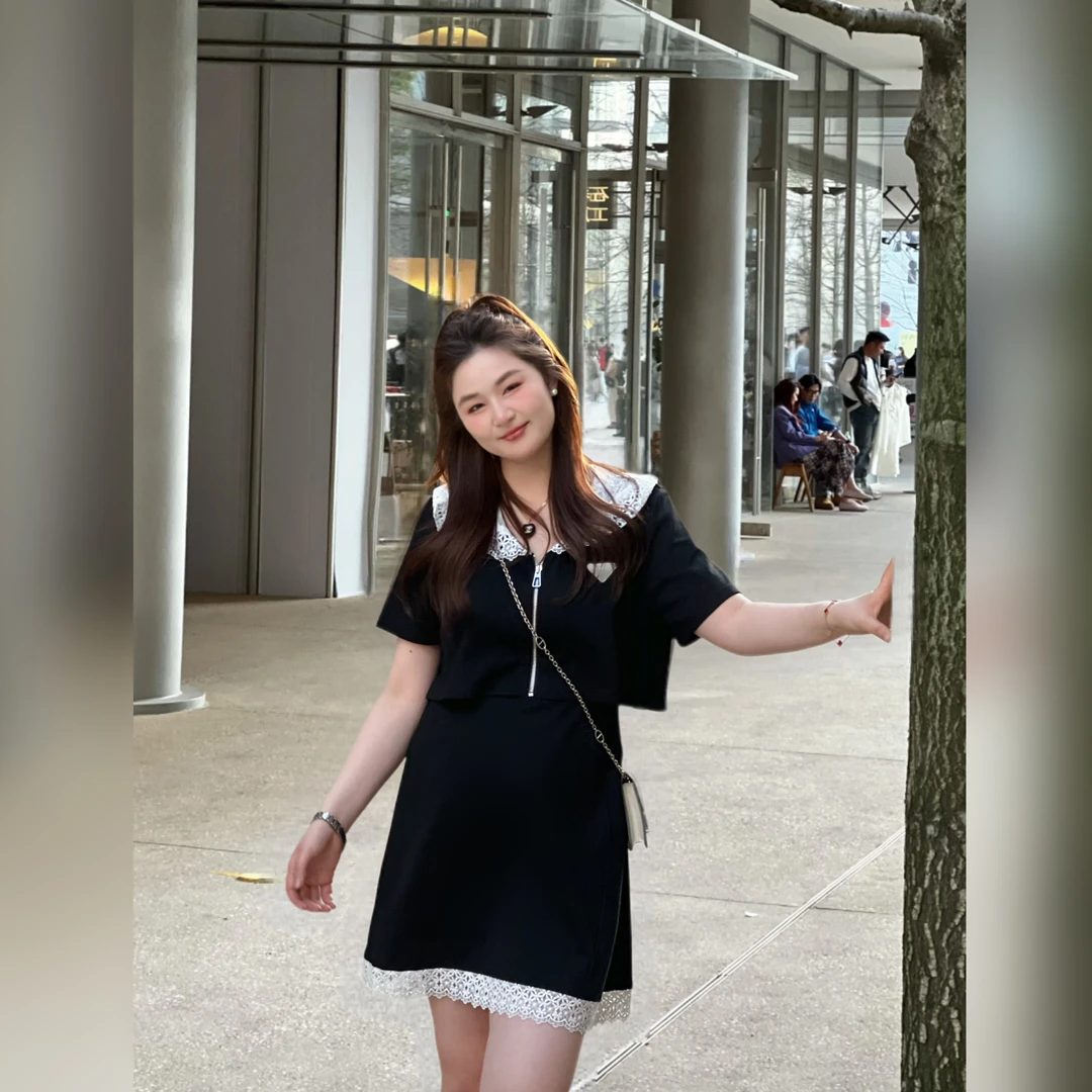 楠序樱桃微胖女装 假两件蕾丝边黑色连衣裙夏季轻奢感裙子YZ36029