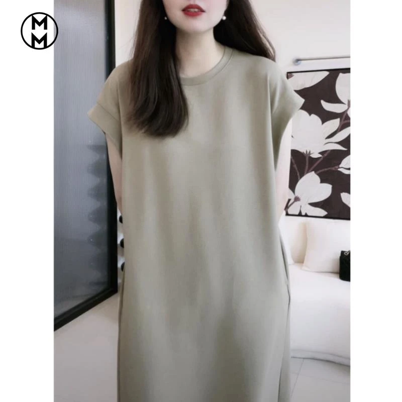 MM大码飞飞袖直筒连衣裙女夏季新款胖妹妹遮肉显瘦气质纯色裙子