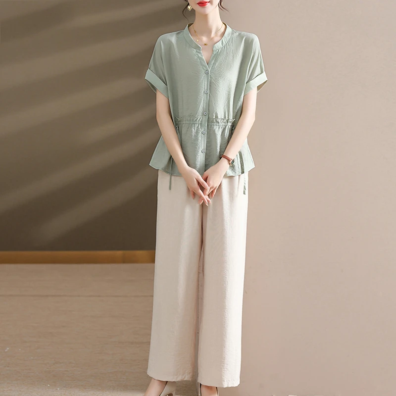 年轻妈妈夏装雪纺衫端庄大气套装2025新款中老年女装夏季短袖小衫