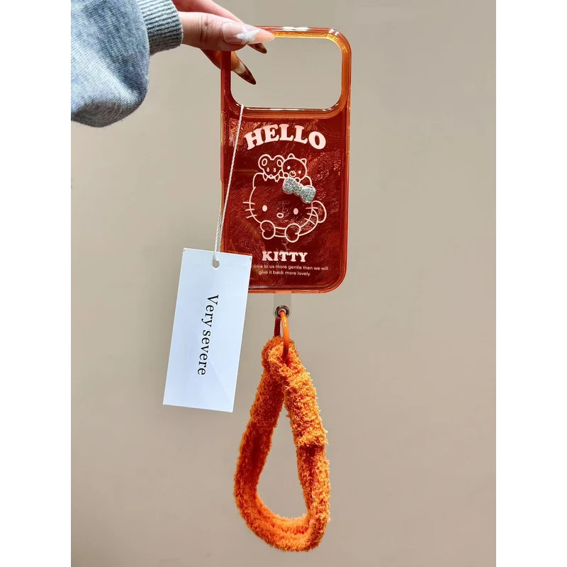 星宇橙线条猫咪立体蝴蝶结手绳适用苹果17promax手机壳15iphone16