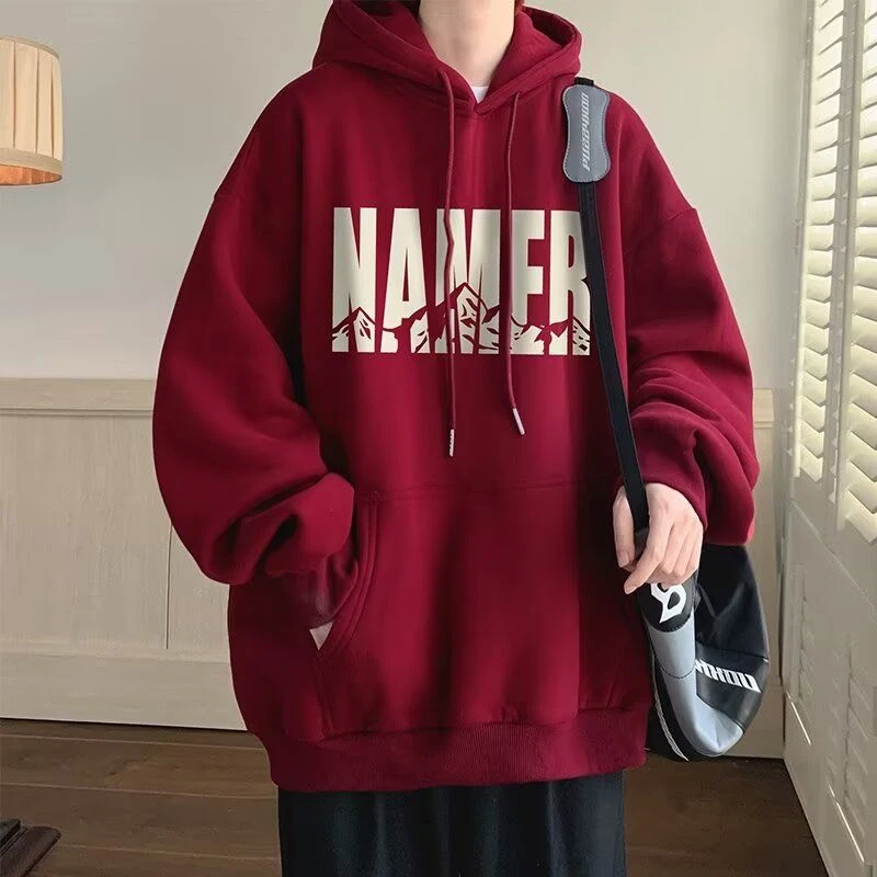重磅连帽卫衣男秋冬新款酒红色美式复古潮牌宽松百搭加绒加厚外套