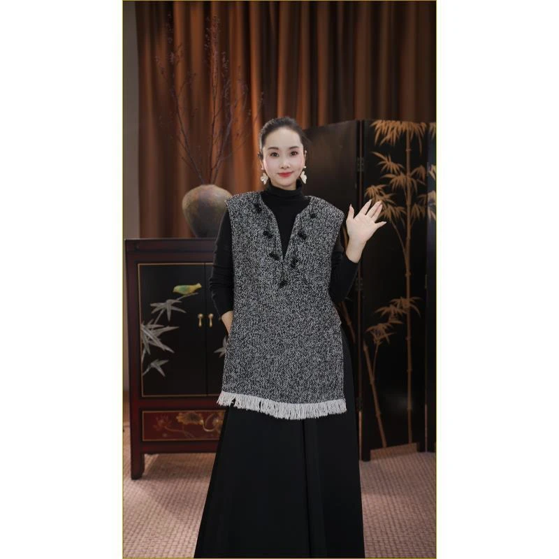 爱妃原创【新品】新中式国风格纹流苏刺绣设计感气质秋冬马甲87234