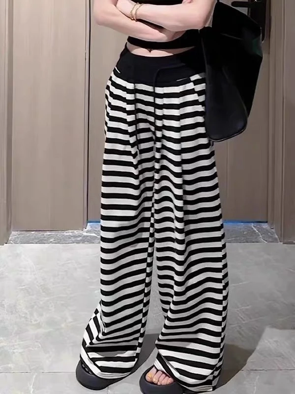 法式慵懒风撞色黑白条纹阔腿裤女夏季新款松弛感高腰显瘦百搭长裤
