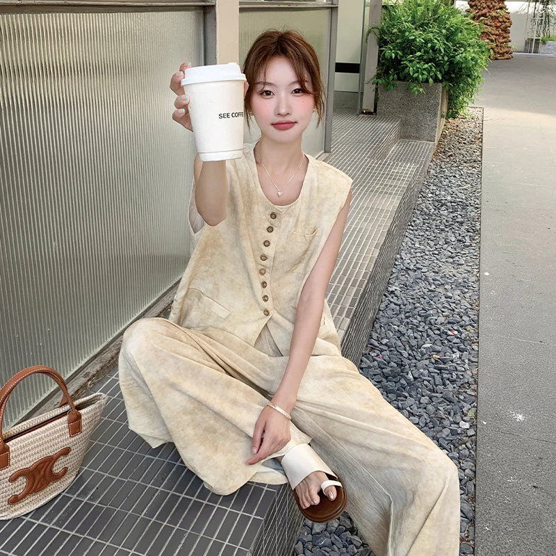 晕染无袖西装马甲阔腿裤套装女夏季新款高级感女生韩系ins衣服