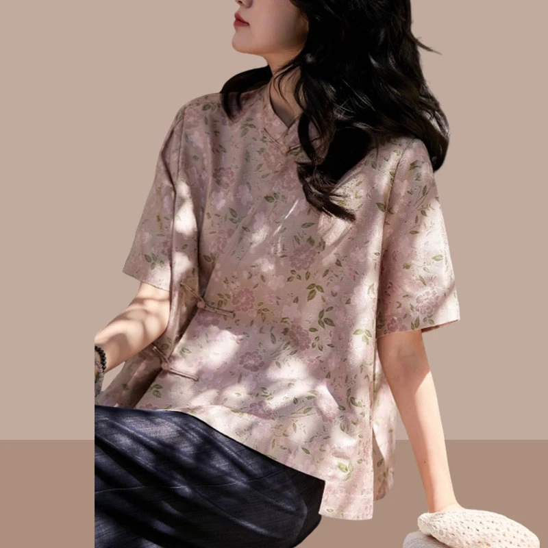 2025夏季时尚新款宽松大码女装新中式复古印花盘扣斜襟立领上衣