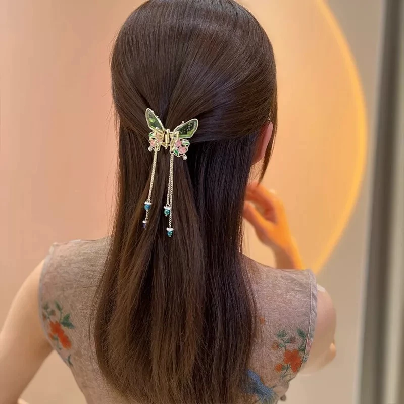 2025新款超仙蝴蝶流苏半扎发抓夹气质女后脑勺发夹国风汉服发饰