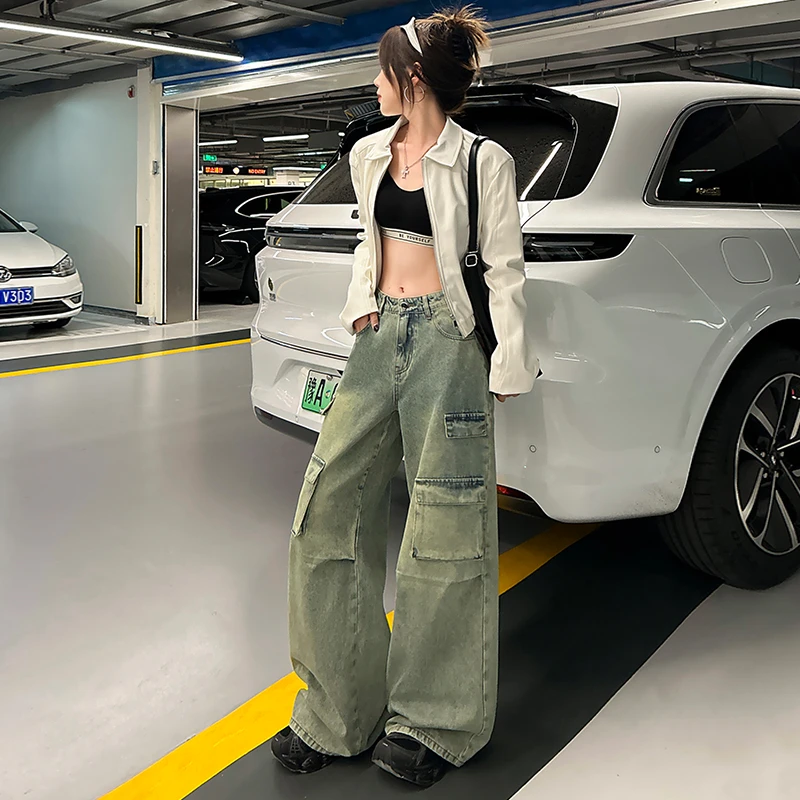 2025秋装春装新款辣妹风女装牛仔阔腿裤工装裤怀旧牛仔裤女长裤，