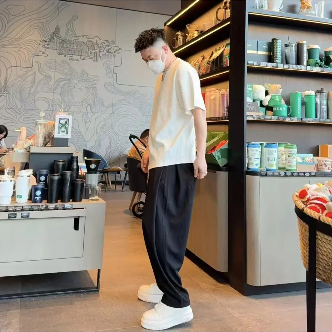 夏季男士新款极简轻薄冰感百搭休闲裤松弛感潮流短袖直筒运动套装