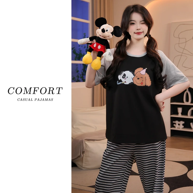 2025年夏季纯棉睡衣女款自带胸垫新款爆款短袖长裤舒适家居服套装