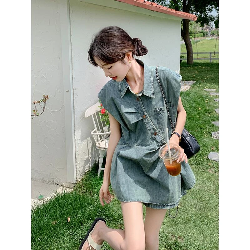 衬衫领牛仔上衣短裤两件套女夏季2025超火独特韩系休闲盐系一整套