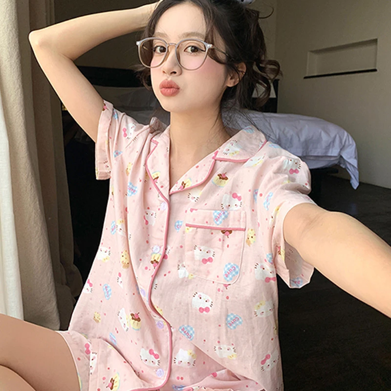 可爱卡通猫波点睡衣女2025新款夏季短袖舒适大码透气三件套家居服