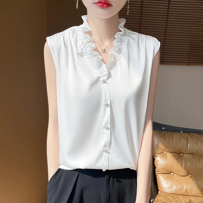 洋气宽松夏季无袖简约荷叶V领无袖打底衫背心纯色韩版轻职风通勤