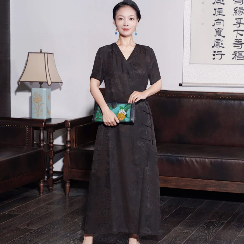 明珠 香云纱桑蚕丝大开襟汉服A版连衣裙HQ1757