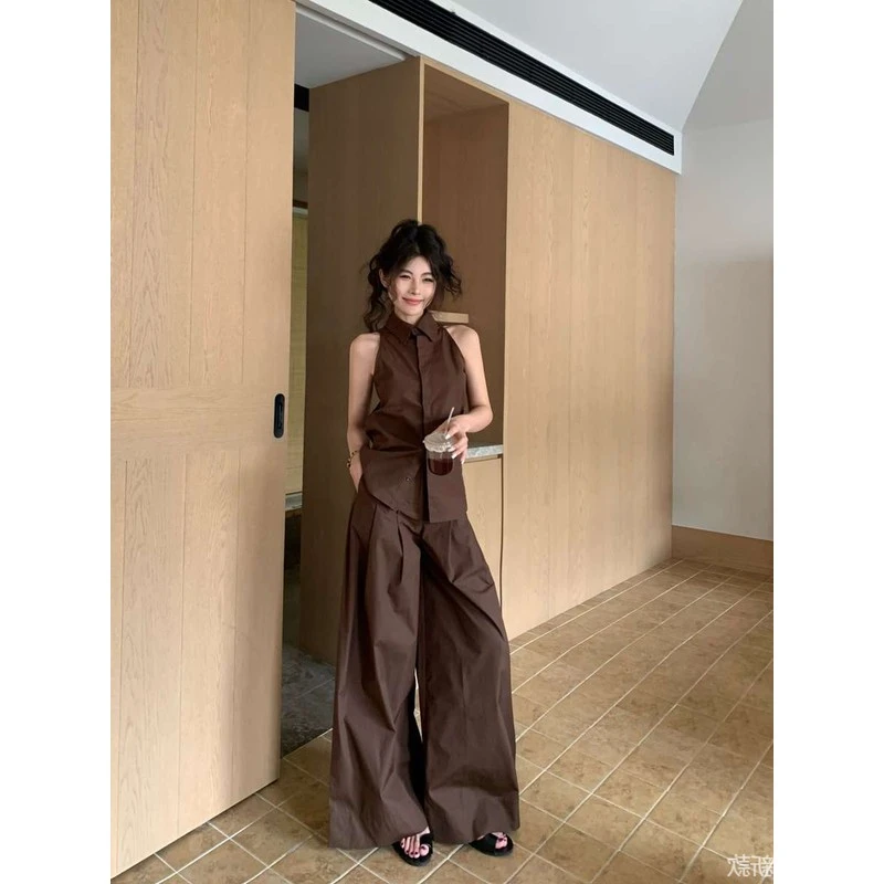 韩系辣妹高级感气质露肩翻领无袖衬衫背心高腰褶皱休闲阔腿裤套装