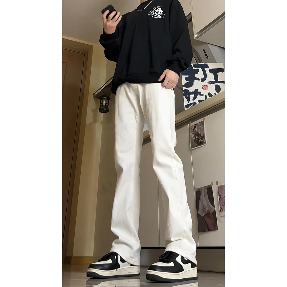 白色牛仔裤男款美式高街vibe修身直筒裤潮牌春秋弹力显瘦微喇裤子