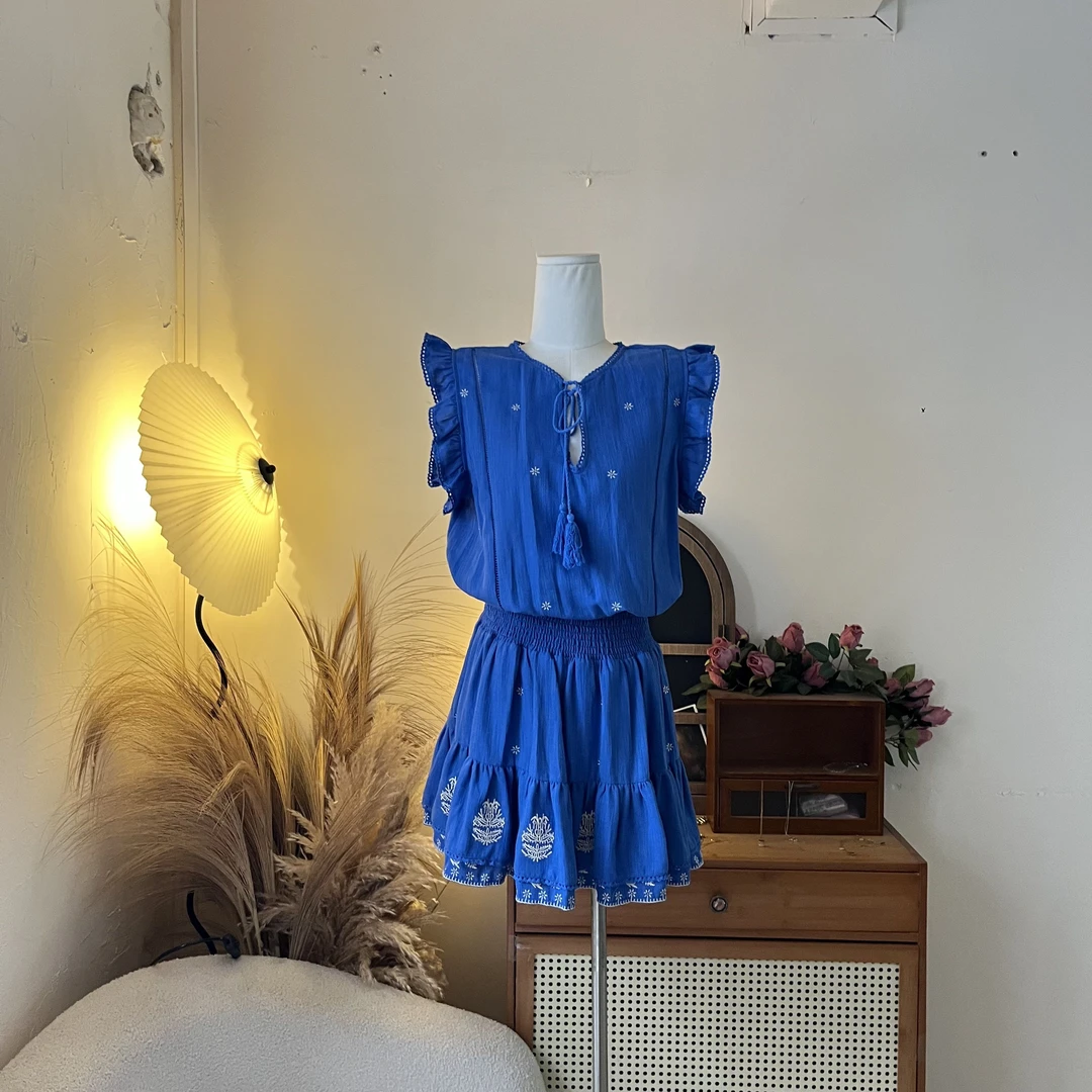 LHTE青青大码女装 克莱因蓝无袖假两件连衣气质百搭长裙L7762蓝色