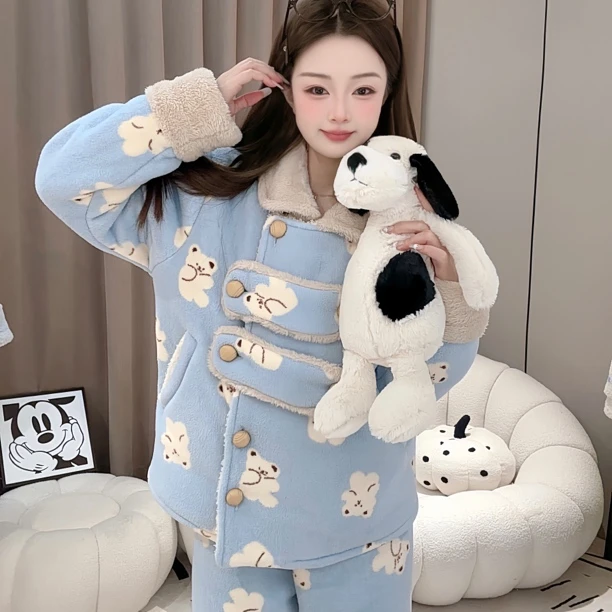 （冬日小熊)冬季加绒加厚保暖家居服睡衣休闲舒适可外穿套装