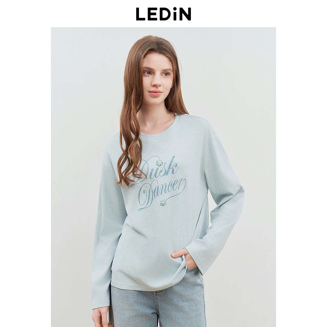 【欧若风】乐町2025新款韩系清花体简约圆领宽松落肩长袖T恤