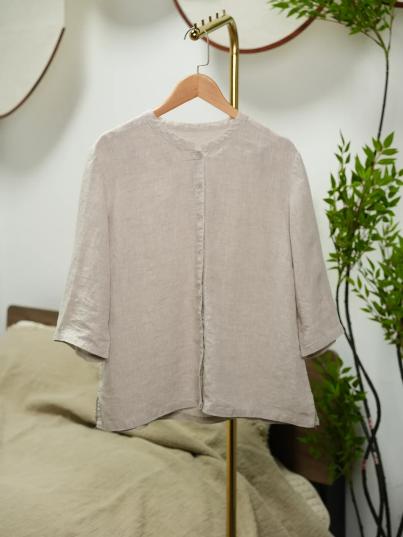 【雨露黄金纱】100%雨露汉麻七分袖薄款女士上衣吸湿透气衬衫