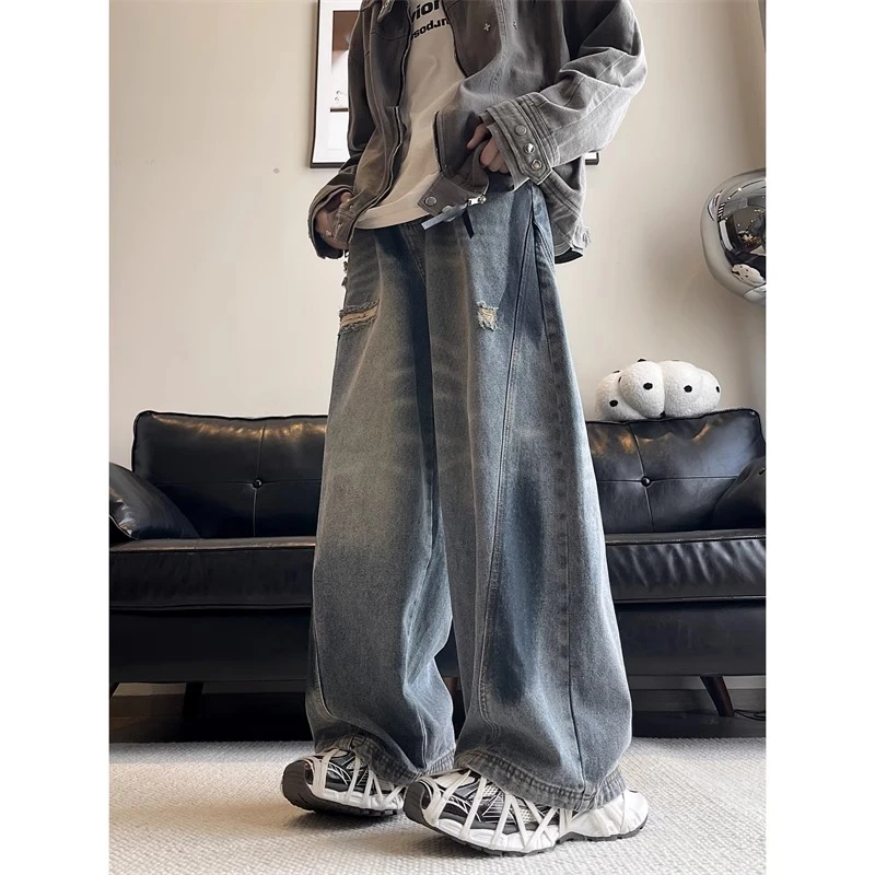 Cebrodz美式复古廓形破洞牛仔裤潮牌高街涂鸦小众宽松水洗阔腿裤