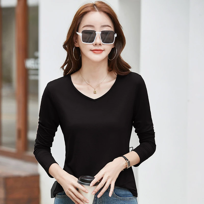 418秋冬新款弹力显瘦长袖百搭打底衫纯色V领韩版休闲女上衣t恤简