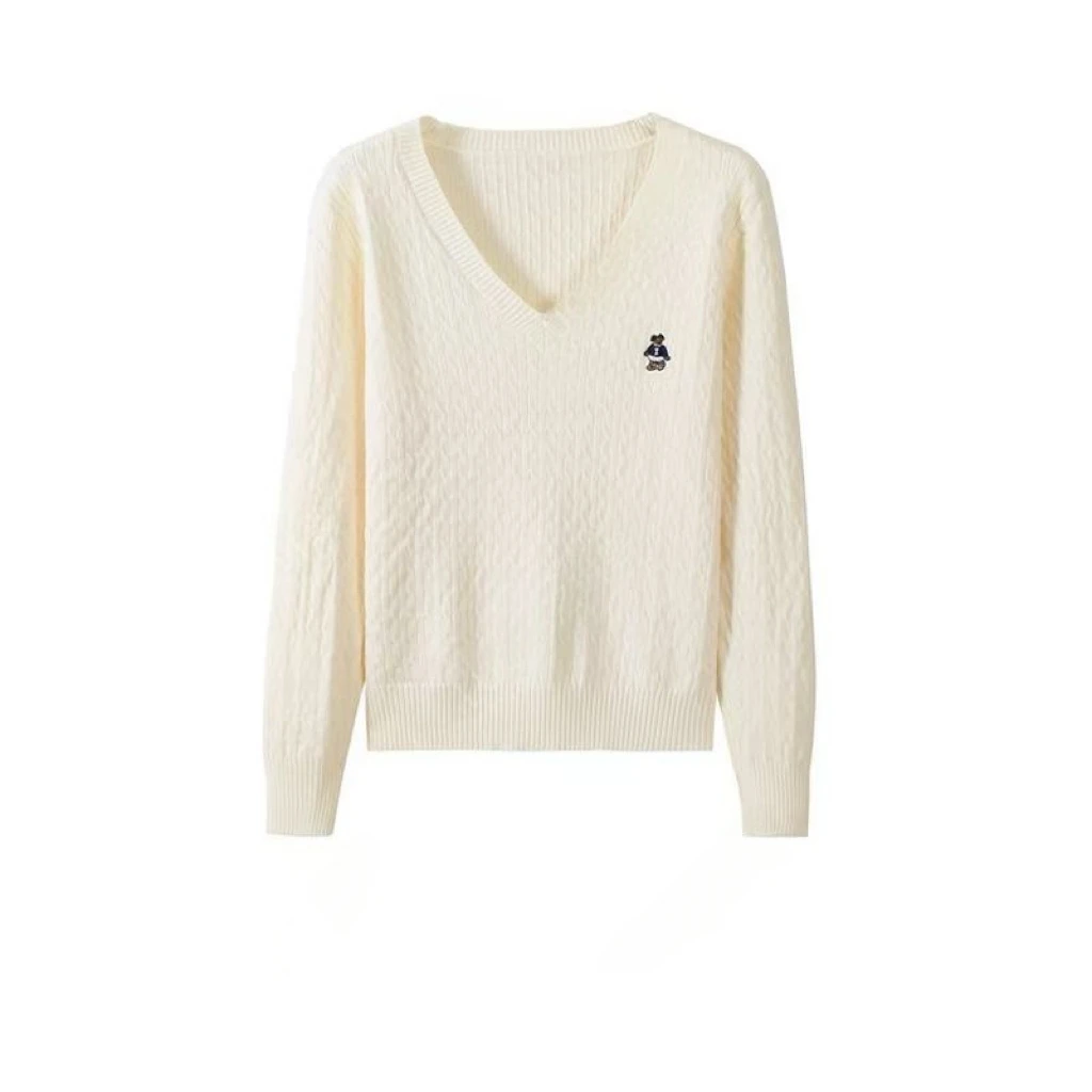 秋冬新款小熊刺绣麻花修身针织打底衫设计感百搭简约显瘦毛衣女