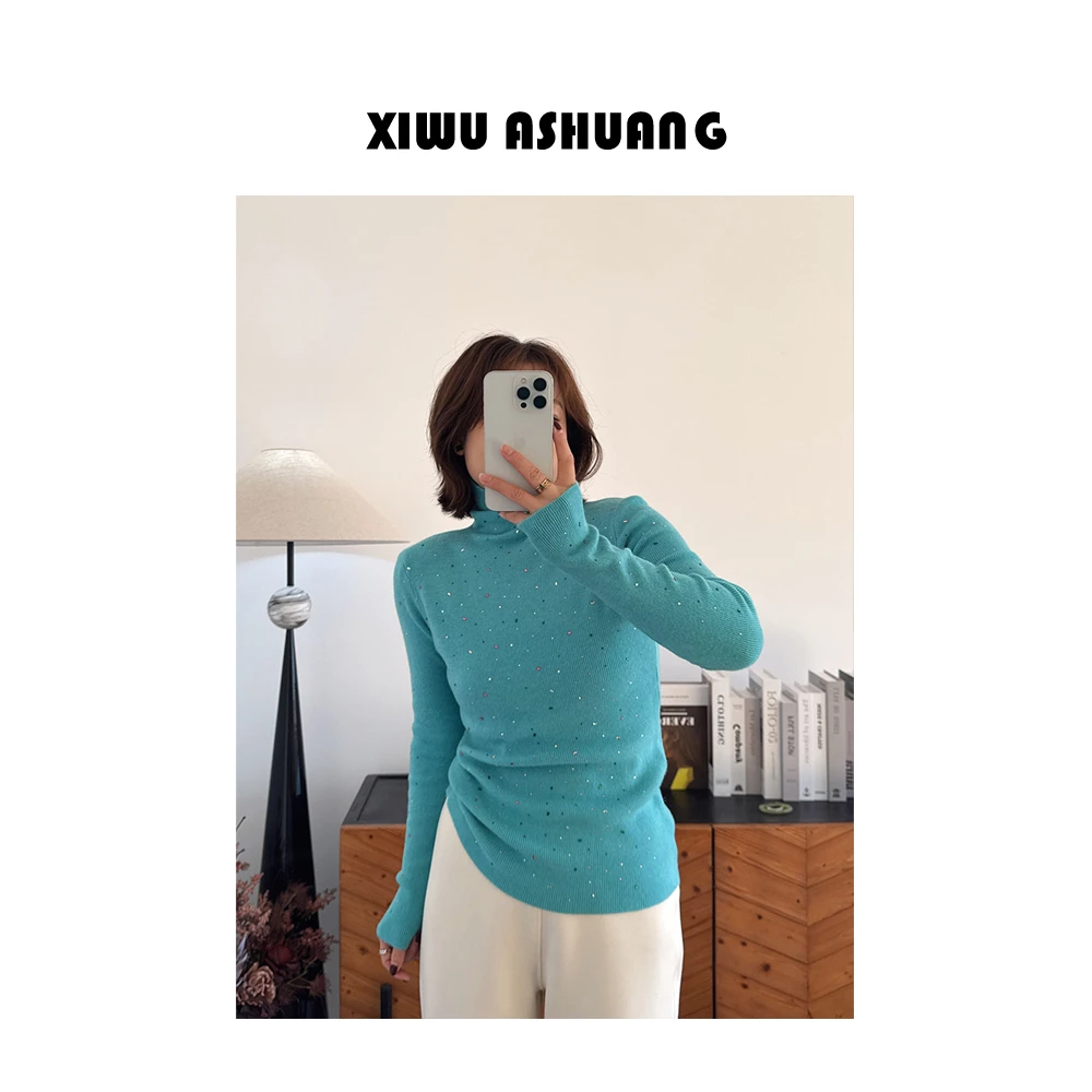 XIWU喜雾 烫钻秋冬高领长袖针织衫女百搭弹力显瘦针织毛衣打底衫