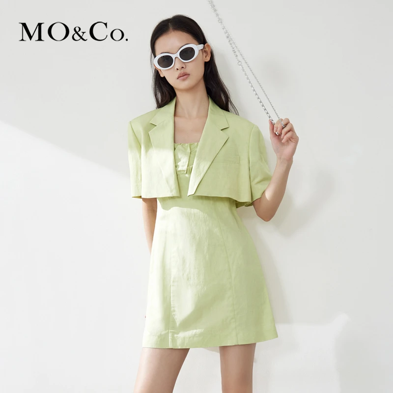 【赵老板专属】MOCO夏棉麻混纺短款西装收腰连衣裙套装女MBB2DRS033
