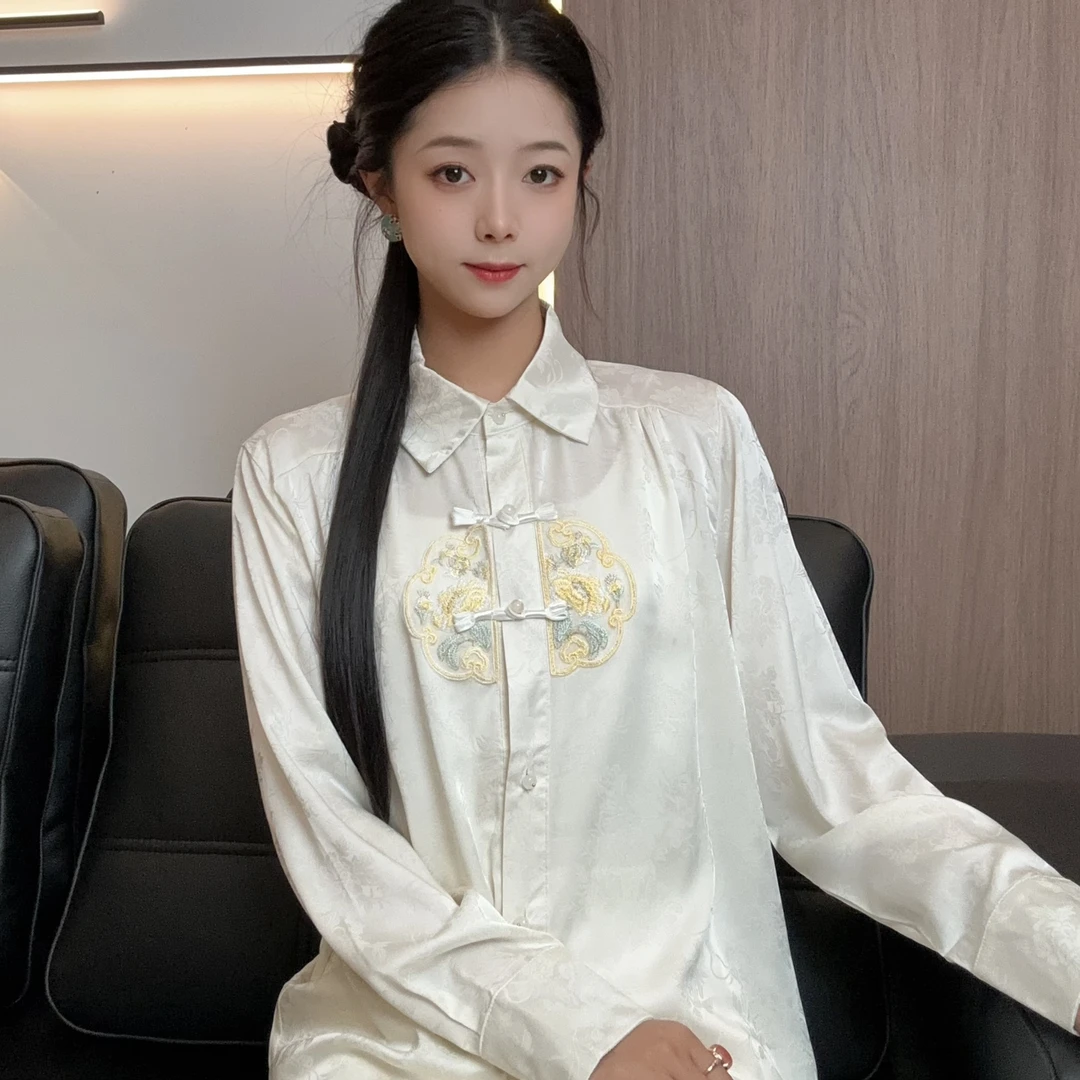 【霜白】新中式缎面刺绣提花衬衫国风长袖时尚女装