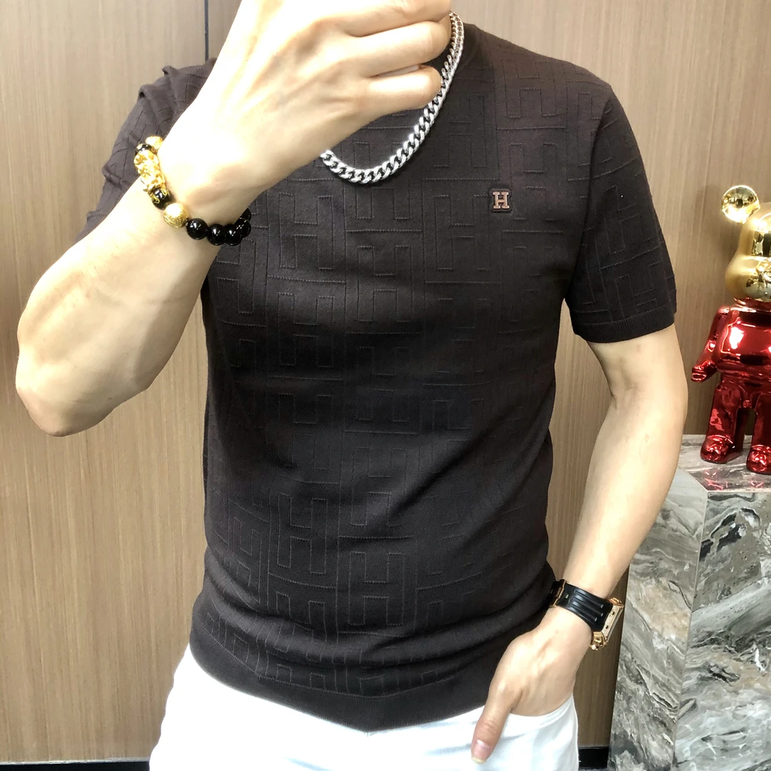 （早秋轻奢）男士高端轻奢时尚百搭老钱风针织提花修身半袖T12608