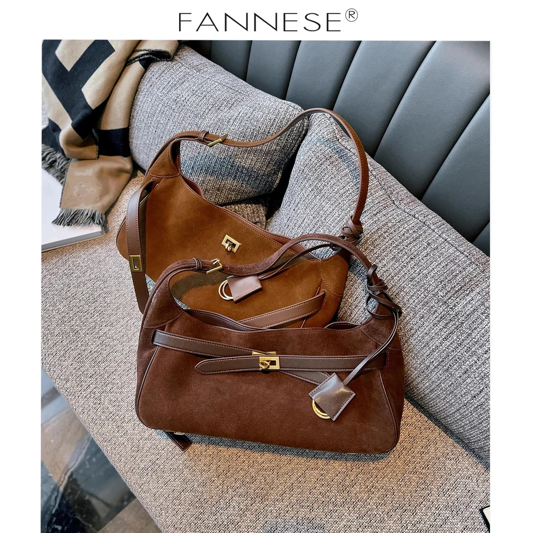 法棍秋冬新款复古麂皮质感belair包包磨砂牛皮凯莉包横扁款腋下女