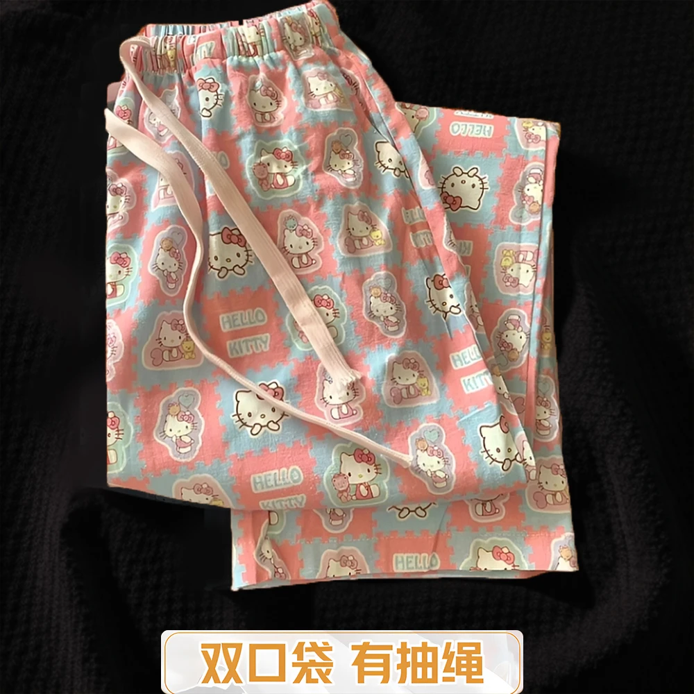 春夏季双口袋家居裤睡裤女士可爱卡通印花新款舒适宽松可外穿单裤