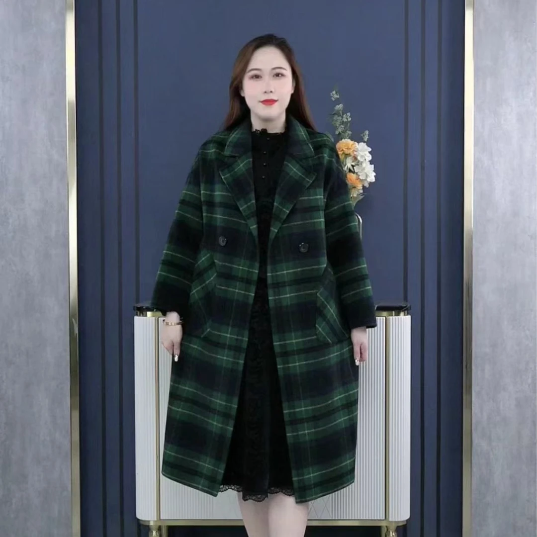 韩版格纹羊毛毛呢格子大衣外套 22033