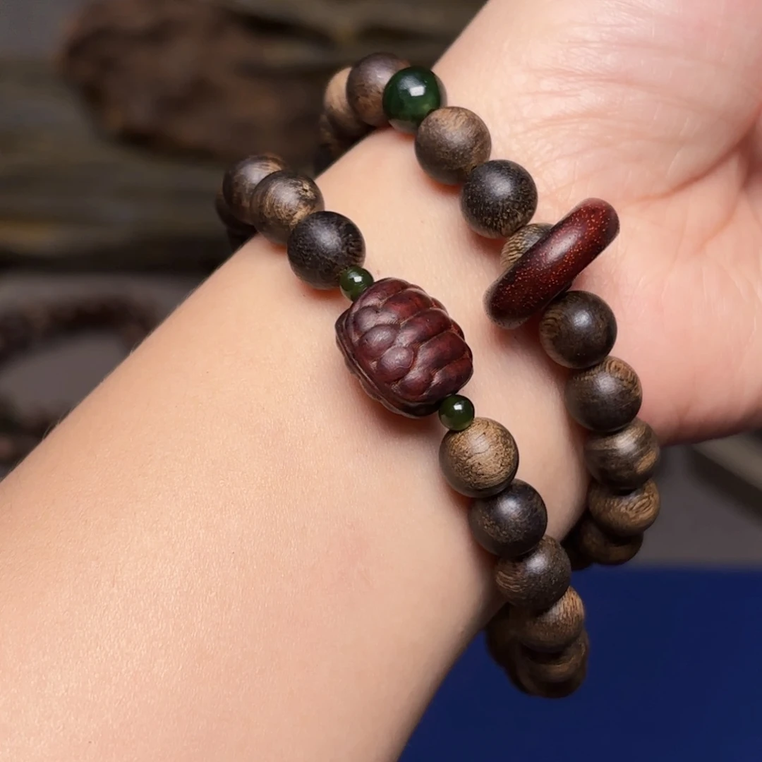 手串沉香越南芽庄瘤疤绿棋楠0.8➕小叶紫檀雕刻设计