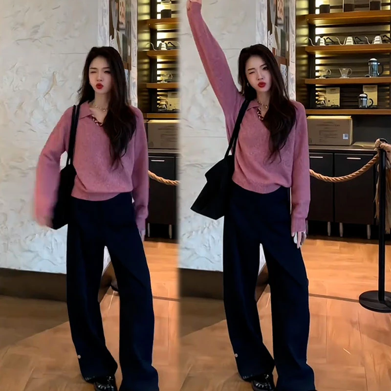 2025秋季新款设计感百搭极简风减龄长袖上衣女休闲阔腿裤两件套装