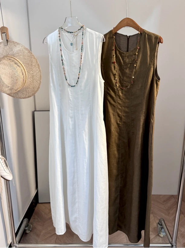 【FANXI】巴黎大艺术家显瘦亚麻背心裙白色休闲连衣裙宽松夏季气质