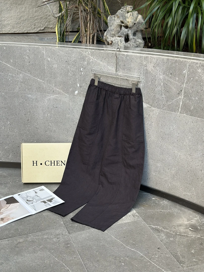 H.Chen-休闲复古 高腰松紧腰汉麻亚麻百搭长裤阔腿棉麻锥形萝卜裤