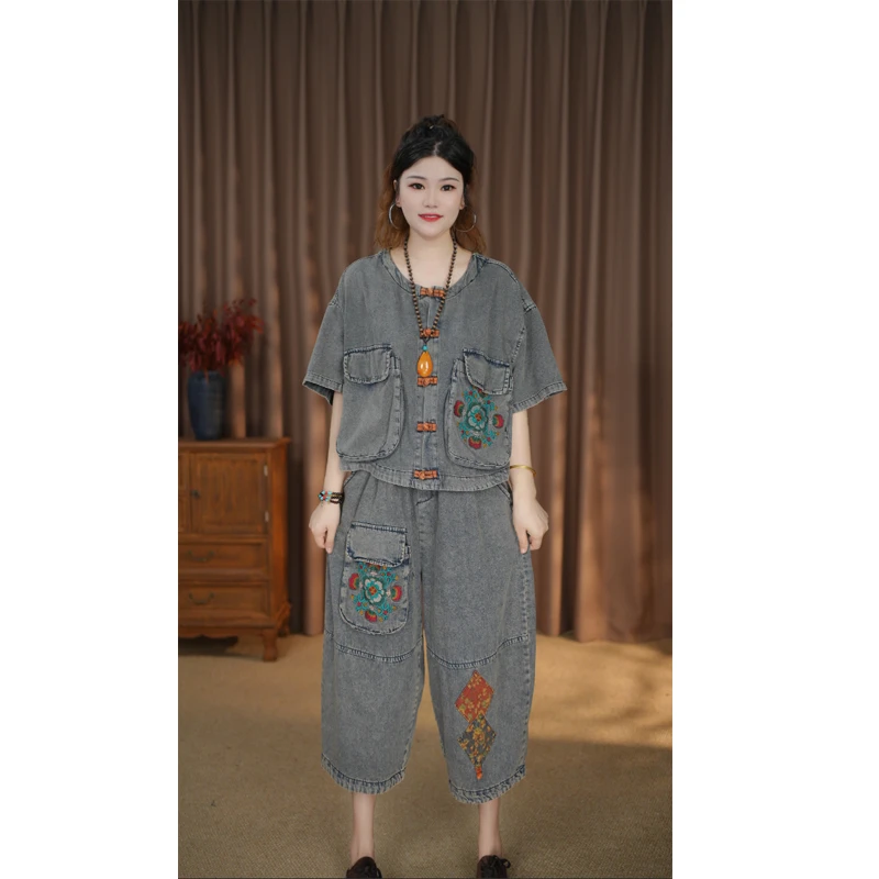 2632夏季薄款休闲复古民族风如意绣花短袖上衣水洗口袋牛仔裤女