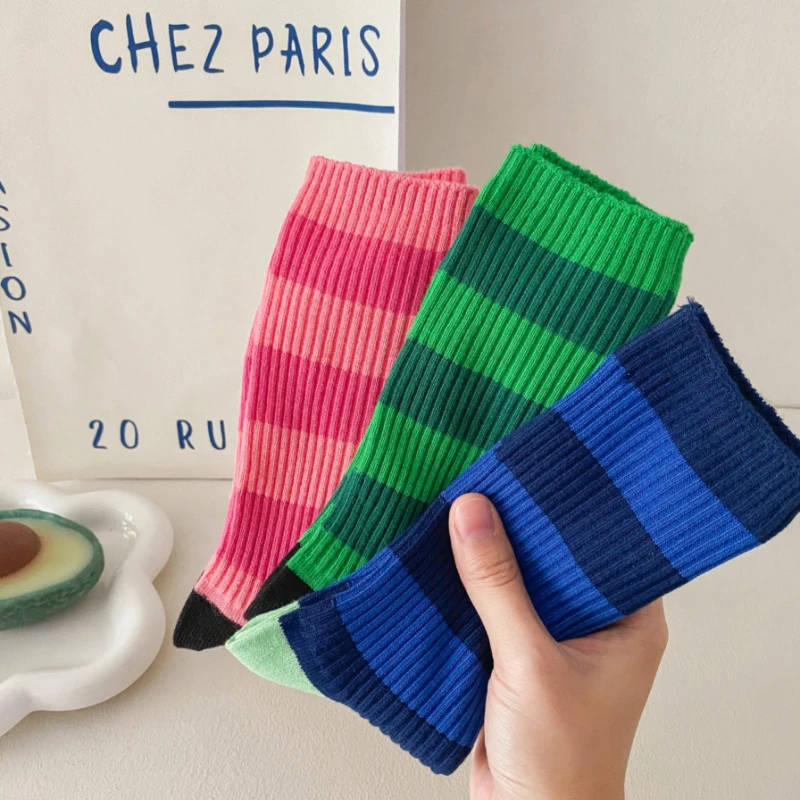 ins百搭简约撞色克莱因蓝条纹美腿运动棉袜街头潮流中长筒袜子女