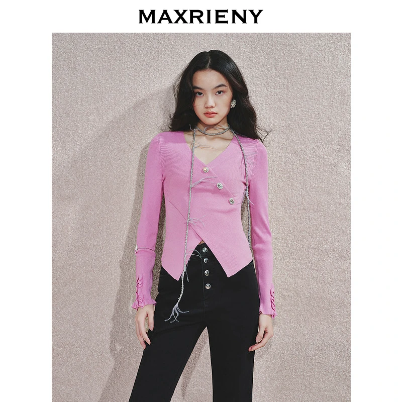 MAXRIENY优雅浪漫感v领套头毛衫小众气质感交叠设计X型修身上衣女